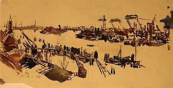 Horst Janssen, Hafen, Aquarell auf Papier, 1947, 19,7 x 40,9 cm © VG Bild-Kunst, Bonn 2018