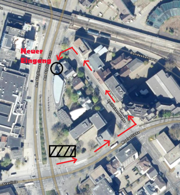 Stadtplan mit eingezeichneter Umleitung zum neuen Seiteneingang des Museums