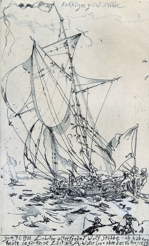 Horst Janssen, Backhuizen grüsst Stubbe, Radierung, 1988 © VG Bild-Kunst Bonn, 2025