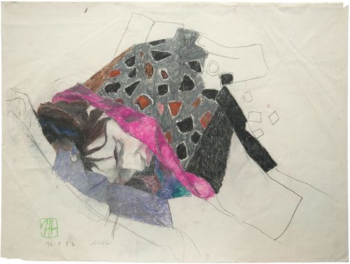 Horst Janssen, Annette, liegend unter einer Patchworkdecke, 1986, Bleistift, Pastellkreide © VG Bild-Kunst Bonn, 2025