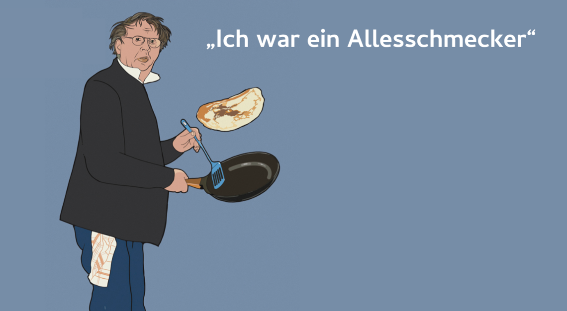 Gezeichneter Horst Janssen mit Bratpfanne © Thomas Robbers