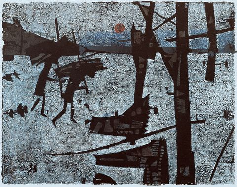 Horst Janssen, Holzsammler, 1957, Holzschnitt in vier Farben auf schwarzer Grundplatte © VG Bild-Kunst, Bonn 2024