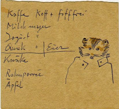 Horst Janssen, o.T. (Shopping list with hamster), biros, coloured pencil, n.d. © VG Bild-Kunst Bonn, 2025