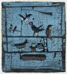 Horst Janssen, Vogelkäfig, 1958, Holzschnitt in sieben Farben auf schwarzer Grundplatte © VG Bild-Kunst, Bonn 2024
