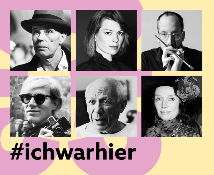 Porträtfotos von Joseph Beuys, Jorinde Voigt, Christoph Niemann, Andy Warhol, Pablo Picasso und Niki de Saint Phalle © KNA/Museum Schloss Moyland, Amanda Holmes, Matthew Priestley, Alamy Stock Photos, David Douglas Duncan, BSB/Felicitas Timpe