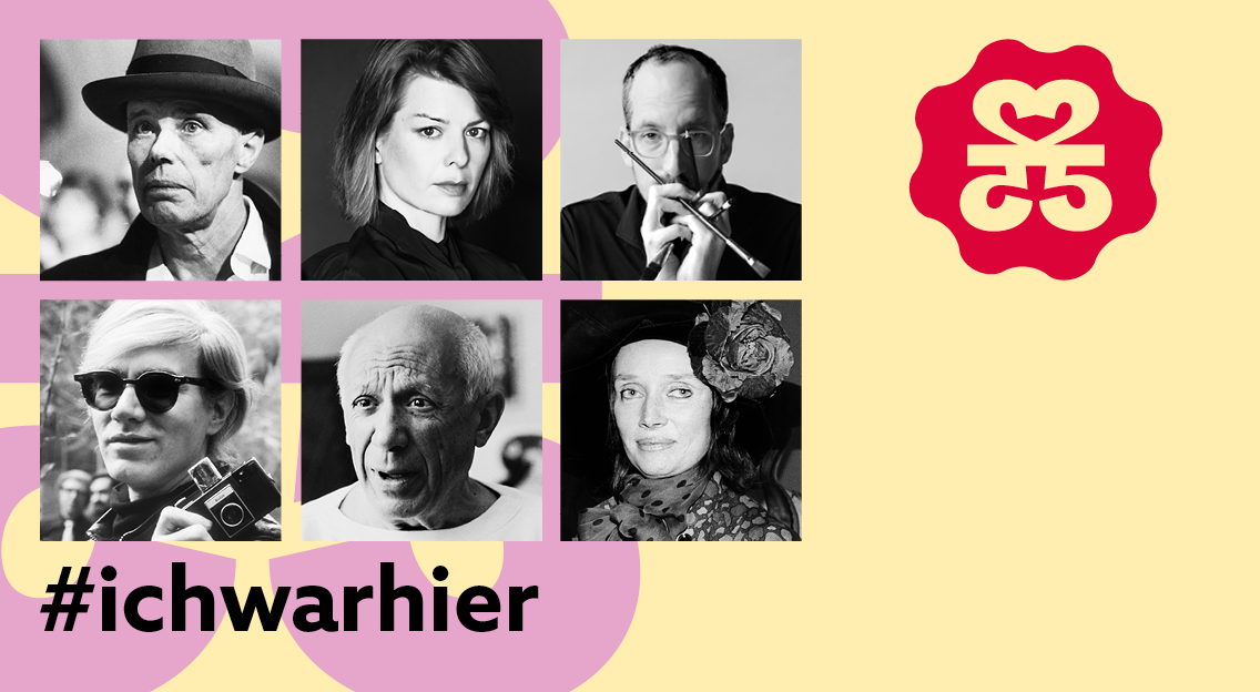 Porträtfotos von Joseph Beuys, Jorinde Voigt, Christoph Niemann, Andy Warhol, Pablo Picasso und Niki de Saint Phalle © KNA/Museum Schloss Moyland, Amanda Holmes, Matthew Priestley, Alamy Stock Photos, David Douglas Duncan, BSB/Felicitas Timpe