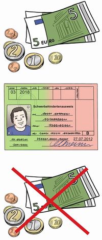 Geld, Schwer-Behindert-Ausweis und durchgestrichenes Geld. © Lebenshilfe für Menschen mit geistiger Behinderung Bremen e.V., Illustrator Stefan Albers