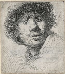 Rembrandt, Selbstbildnis mit erstauntem Blick, Radierung © Rembrandthuis Amsterdam
