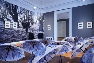 Ausstellungsansicht mit Regenschirmen, Foto: Sven Adelaide/LMO