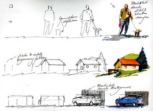Skizzen von Spaziergänger, Haus und Auto © Jens Hübner