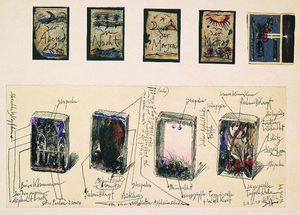 Horst Janssen, Allegorie der Tageszeiten nach Runge, Collage, Farbstift und Kugelschreiber © VG Bild-Kunst, Bonn 2018