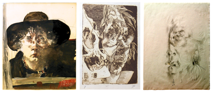 Horst Janssen, Selbst mit drei Tüchern, 1976; Horst Janssen, Komischer Nicolaus (Selbst), 1981; Horst Janssen, Selbst en face, 1979