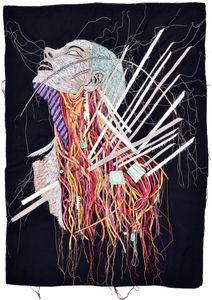 Andrea Ziegler, Transhumanism, 2025, Freihand-Maschinenstickerei und Appliqué, Vorderseite © VG Bild-Kunst Bonn, 2026