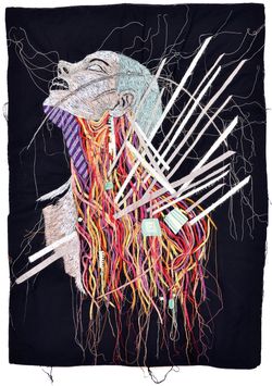 Andrea Ziegler, Transhumanism, 2025, Freihand-Maschinenstickerei und Appliqué, Vorderseite, 106 x 78 cm © VG Bild-Kunst Bonn, 2026