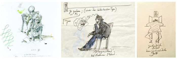 Horst Janssen, EIN Hamburger "liest" schon seit 63 Jahren - die Natur, 1993; Horst Janssen, zu gestern ein PS, 1976; Horst Janssen, Selbst "Zeichne dich selbst dann zeichnet dich Gott", n.d.