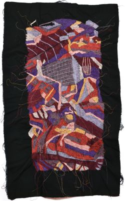 Andrea Ziegler, Ahrtal, 2026, Freihand-Maschinenstickerei, Vorderseite, 120 x 73 cm © VG Bild-Kunst Bonn, 2026