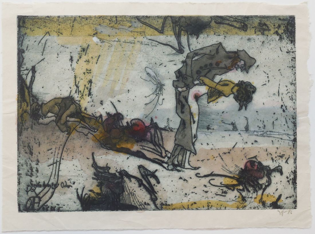 Horst Janssen, Am Strand, Radierfolge Svanshall verkehrt, 1986, kolorierte Radierung © VG Bild-Kunst
