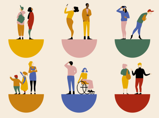 Plakatmotiv des Museumstags mit Menschen auf Halbkugeln. Bild: Deutscher Museumsbund e.V.