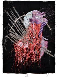 Andrea Ziegler, Transhumanism, 2025, Freihand-Maschinenstickerei und Appliqué, Rückseite © VG Bild-Kunst Bonn, 2026