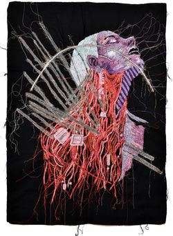 Andrea Ziegler, Transhumanism, 2025, Freihand-Maschinenstickerei und Appliqué, Rückseite, 106 x 78 cm © VG Bild-Kunst Bonn, 2026