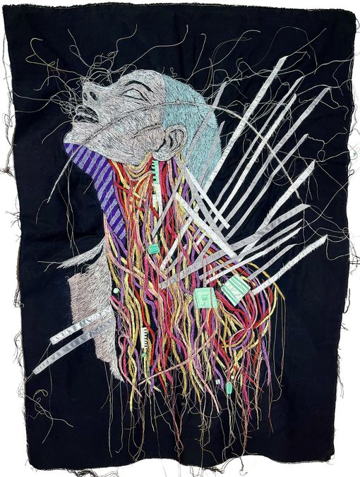 Andrea Ziegler, Transhumanism, Vorderseite, 2026, Polyester, Baumwolle, Organza, Satin, 106x77 cm